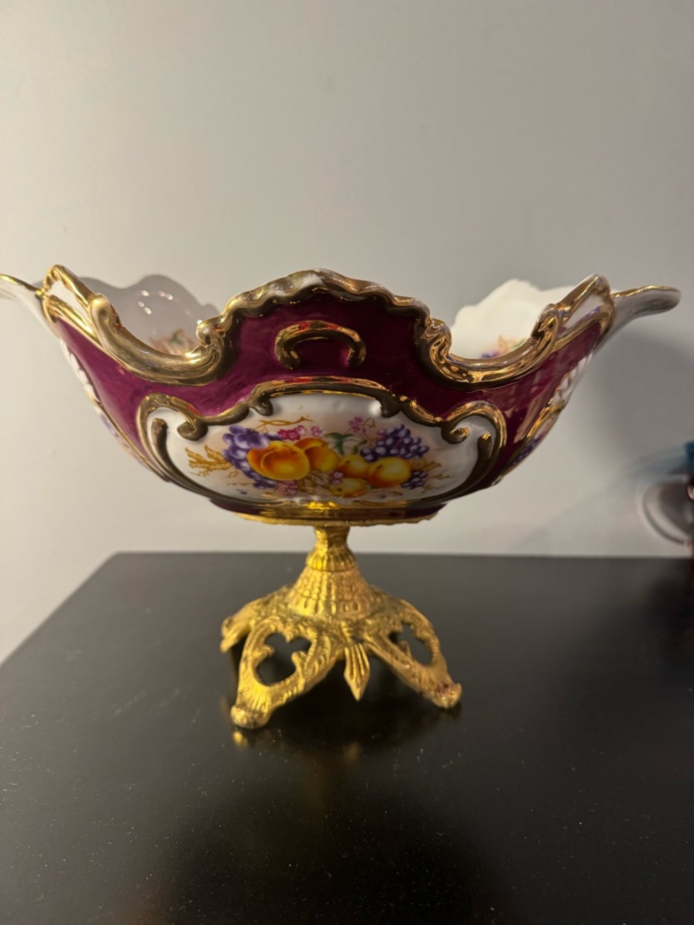 Victorian-Style Gilt Porcelain Compote Bowl in Purple and White